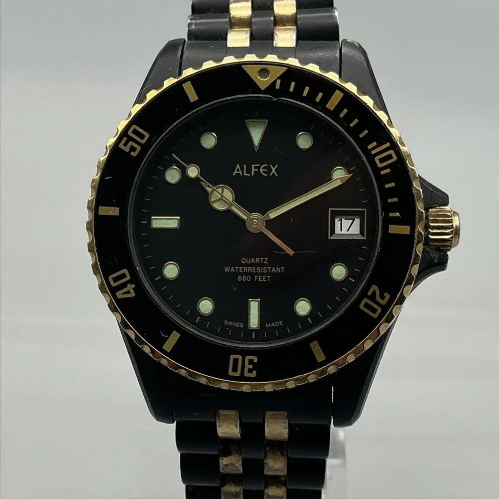 Alfex 4748 Diver Mens Watch 37mm Black Gold Tone Date 200m New Battery 7.25